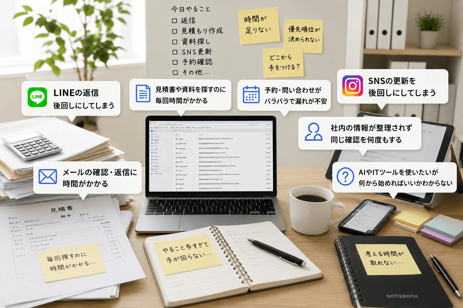 問い合わせ、見積もり、発信、予約確認など日々の業務が積み重なっているデスク